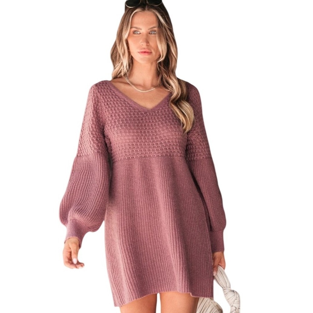 Cupshe Women's Honeycomb Knit V-Neck Mini Sweater Dress Size‎ M Dusty Pink